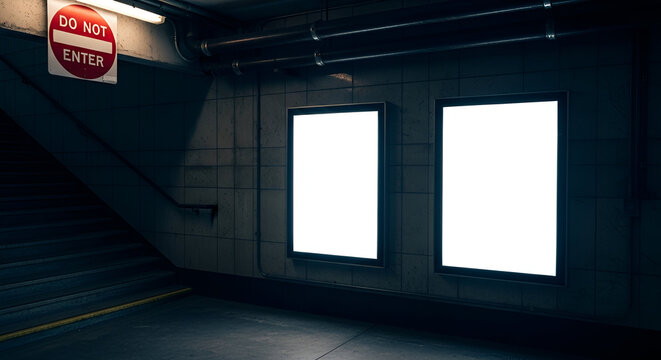 Two blank billboards on a wall in a dark, underground setting, next to a staircase and a "Do Not Enter" sign.