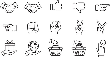 Diverse collection of stylized hands illustrating various gestures and actions suitable for communication and design projects