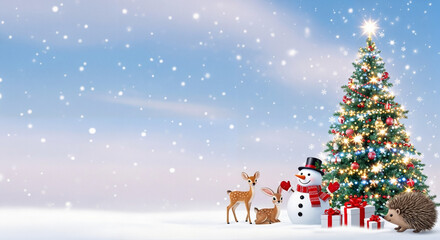 Naklejka premium A fabulous winter panorama: forest friends gathered under a fluffy snowfall and a shining Christmas tree — a snowman, a pair of fawns and a hedgehog with gifts, against the background of a frosty sky.