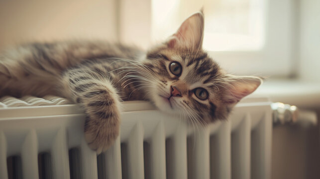 Cute kitten stretching on radiator, enjoying warmth, close-up.