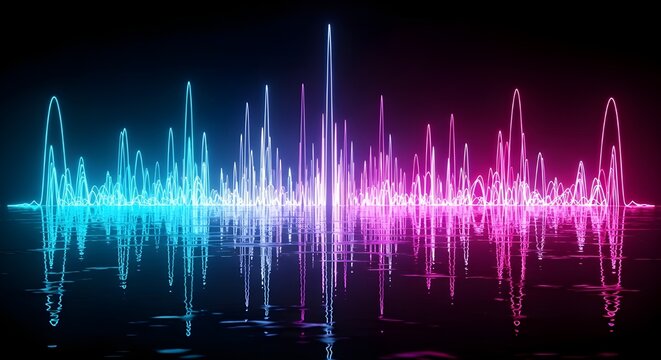 Amplitude Spectrum: Chromatic Pulse. A mirrored burst of vertical bars in shifting neon hues captures the rhythm of sound as a colorful dance of amplitude. - Powered by Adobe