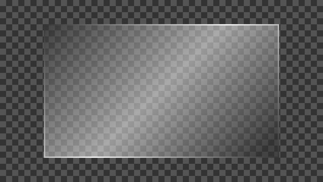 Transparent glass plate with realistic light glare and reflection isolated on transparent background. Shiny and glossy clear glass panel for TV or laptop screen mockup. Vector illustration.