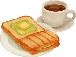 watercolor kaya toast coffee