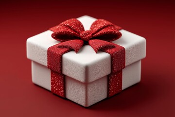 White gift box with red ribbon and bow on red background
