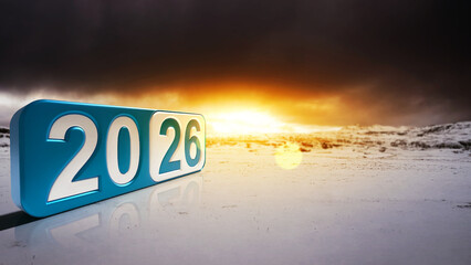 Number 2026 on a snowy field with a dramatic dawn or sunset background. Happy New Year concept or Celebration