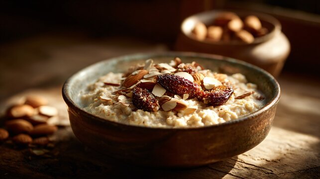 A cinematic side shot of oatmeal topped with roasted almonds and dried figs, warm morning glow, storytelling realism