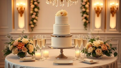 Elegant wedding catering display with tiered cake and floral arrangements.