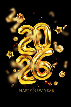 Happy New Year 2026 celebration background. Gold foil balloon numbers, confetti, stars, and gifts floating on a black background. Festive design for greeting cards, banners, and calendars. 2026 Luxury