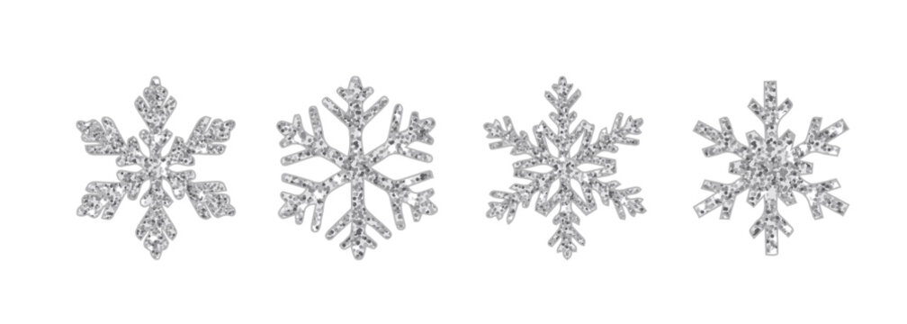 vector icon illustration. Set of glitter  sparkly silver snowflakes on white background.
