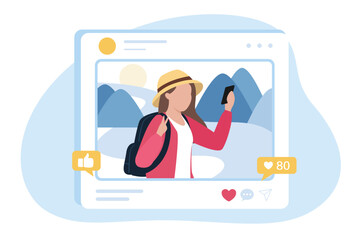 A social media post of a woman traveler with a backpack, taking a photo with her phone against a mountain backdrop.