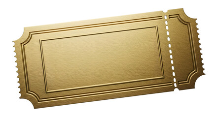 Ornate golden ticket with embossed border and perforated edge isolated on a transparent background image