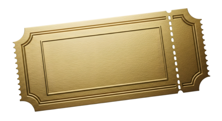 Ornate golden ticket with embossed border and perforated edge isolated on a transparent background image