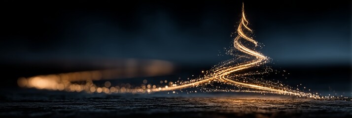 Abstract golden particles forming a glowing Christmas tree and a glittering path against a dark background