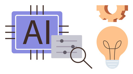 AI chip with circuit lines, settings panel, magnifying glass, gear, and light bulb symbolizing innovation, automation, analysis, creativity, machine learning problem-solving and technology trends