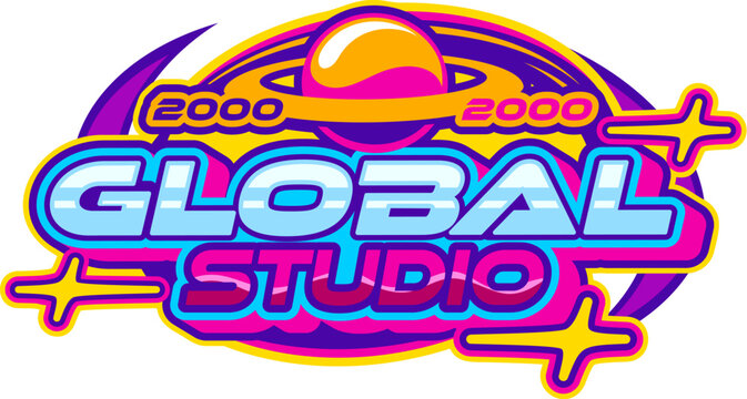 Naklejki Vibrant color funky Y2K global studio icon, emblem element. Cool funky icon, colorful retro vector sticker. Nostalgic Y2K patch or funky vintage label with colorful typography and space planet