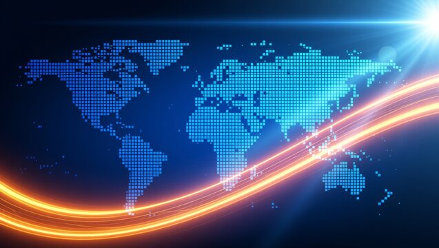 Pixelated world map with glowing light trails