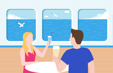 A couple inside a cruise ship cabin, toasting with drinks while looking out at the ocean and seagulls through the windows.