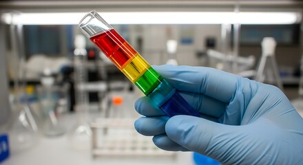 Scientific research concept with a colorful density gradient in a test tube held by a chemist in a modern lab