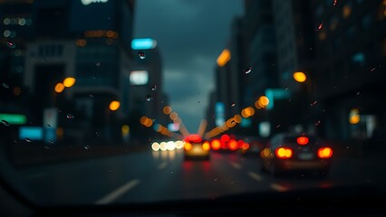Nighttime city driving view through a windshield, urban lights and reflections.