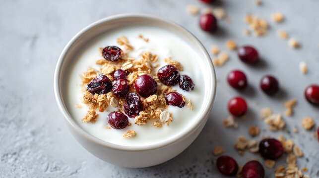 Delicious Greek yogurt with cranberries and granola crumbs, top-down composition, minimal background and soft tones - Powered by Adobe