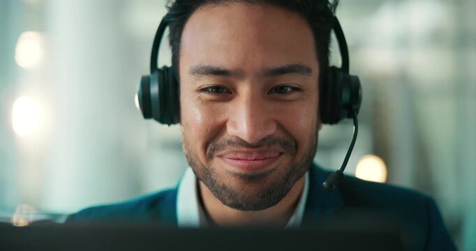 Laptop, contact us and happy man in call center for customer service, language translation and help. Computer, headset and agent reading email for advisory, multilingual support or positive feedback
