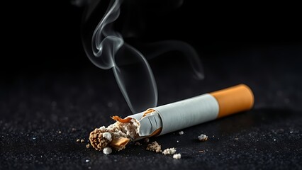 Crushed cigarette with rising smoke on a dark surface, symbolic concept.