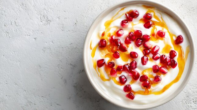 A minimal flat lay of yogurt bowl with pomegranate seeds and honey drizzle, bright neutral background, copy space for text - Powered by Adobe