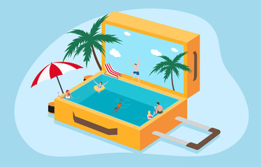 Obraz premium A suitcase transformed into a tropical resort swimming pool scene, symbolizing vacation, relaxation, and the essence of a perfect getaway.