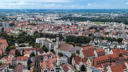 Cityscape of Ulm from the heights of Ulm Minster is a Gothic church, Germany.