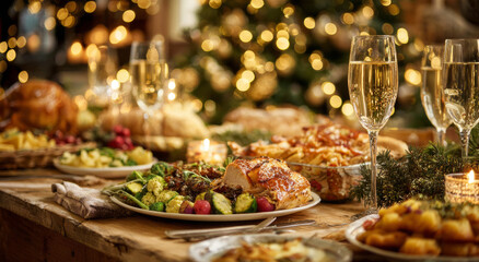 Beautifully set Christmas dinner table evokes joyful holiday celebration and delicious feast