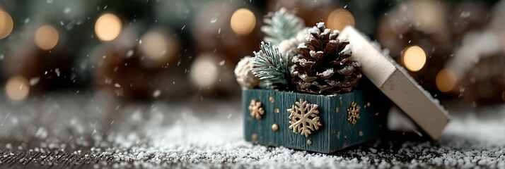 Christmas gift box filled with winter holiday decorations