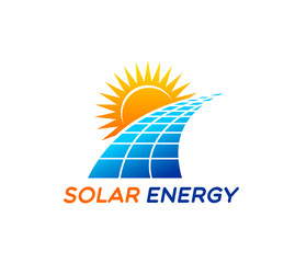 Solar clean energy system icon or emblem. Clean power company emblem, renewable electric service vector symbol. Eco electricity technology label or icon with sun and path of solar panel cells