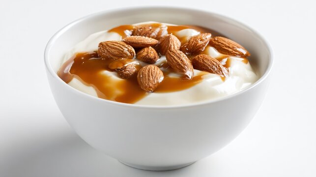 A minimalist bowl of yogurt topped with caramel sauce and toasted almonds, clean editorial look
