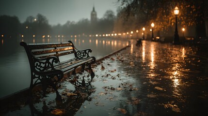 Wooden park bench sits beside a rain slicked pathway in a motion blurred outdoor setting