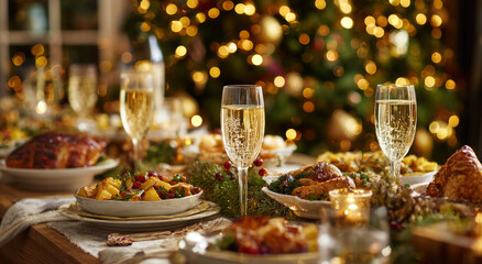 Joyous Christmas dinner table offers warm festive gathering and elegant celebration