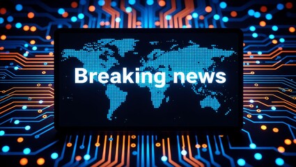 Breaking news display with world map on digital circuit background