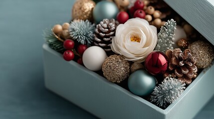 Christmas gift box filled with winter holiday decorations