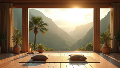 Open space yoga retreat room with mountain view during sunset. Interior design with wooden floor pillows and candle creates tranquil mood. Nature landscape backdrop for meditation retreat.