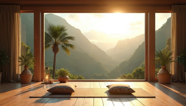 Open space yoga retreat room with mountain view during sunset. Interior design with wooden floor pillows and candle creates tranquil mood. Nature landscape backdrop for meditation retreat.