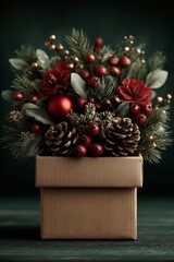 Christmas gift box filled with winter holiday decorations