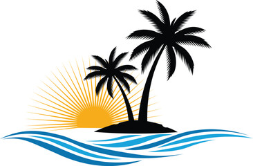 Black palm trees on island with orange sunburst and blue waves tropical beach