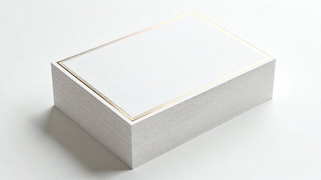 A clean and professional mockup featuring a thick stack of blank white business cards with elegant gilded edges, a perfect template for corporate identity presentation isolated on a white background