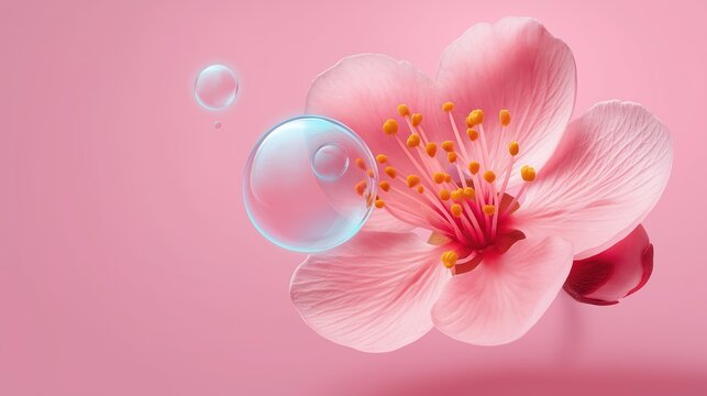 Delicate pink plum blossom with clear water drops. Concept of skincare, hydration, beauty, and renewal for cosmetic product advertising.
