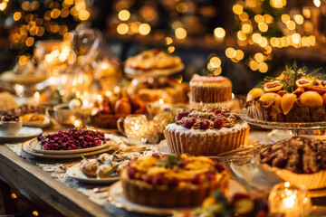 Christmas dinner table offers festive dessert food spread for joyful celebration