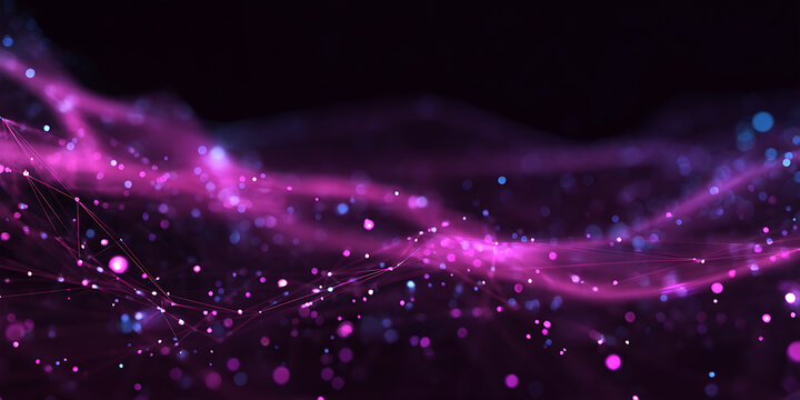 Magenta and purple digital light wave with sparkling particle field on dark abstract space