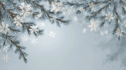 Pine branches framing winter snow falling background with copy space, illustration