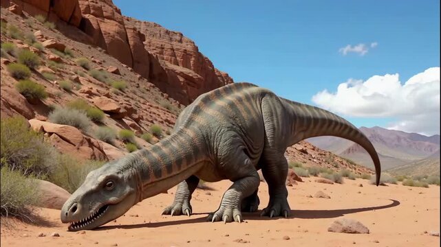 A stegosaurus searches for food in the mountainous terrain.