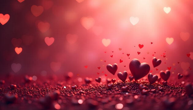 Glowing red hearts with sparkling bokeh lights creating a romantic and dreamy Valentine atmosphere.