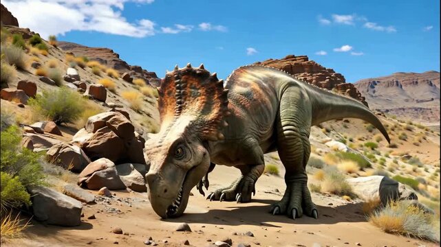 dinosaur in a desert landscape with mountains in the background