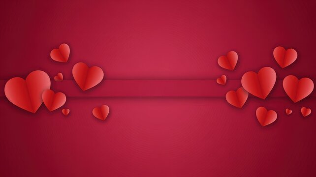 Romantic red hearts floating on a deep red background with ribbon